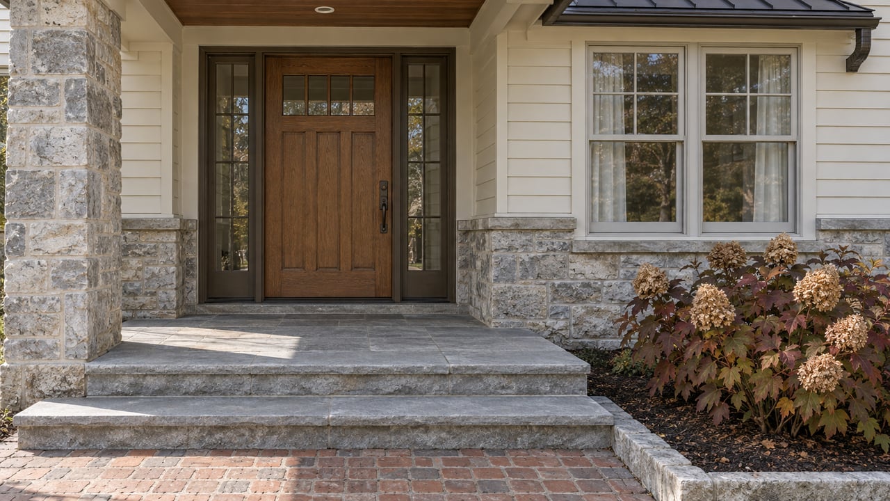 Oak entry door with paired sidelights beneath a covered porch, beside weathered limestone, cream siding and an autumn oakleaf hydrangea.