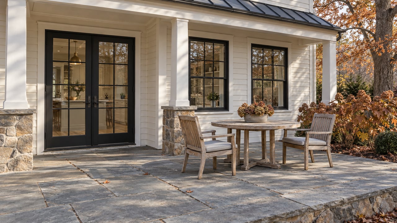 Autumn sunlight crosses a bluestone terrace beside ivory clapboards, black-framed glass doors and weathered teak furniture.