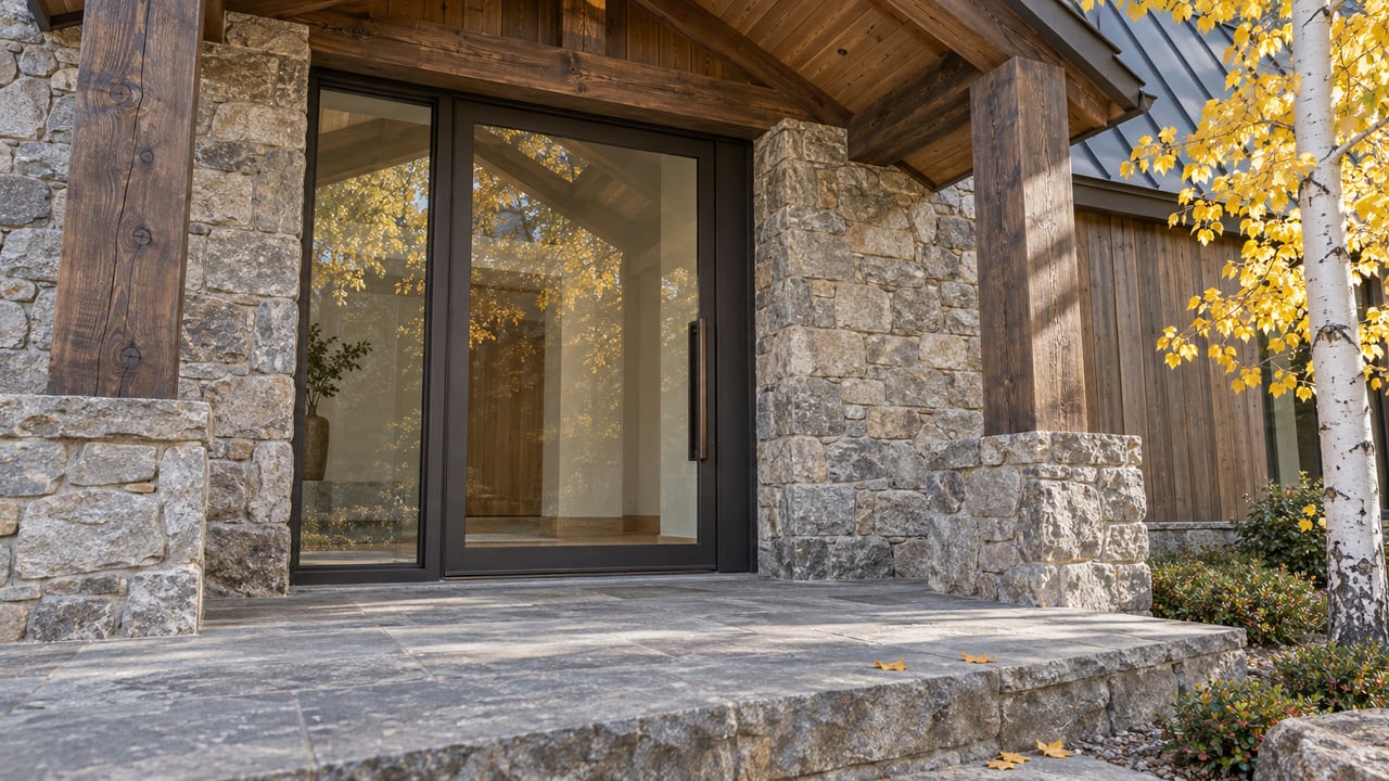 A timber-covered entry with quartzite walls, dark-framed glass door and worn sandstone landing beside golden aspen leaves.