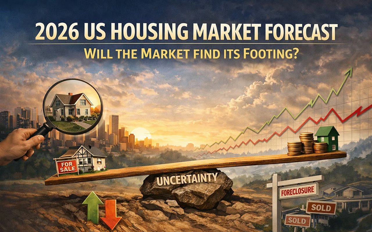 2026 U.S. housing market forecast graphic showing rising chart lines, homes for sale, foreclosure signs, and uncertainty.