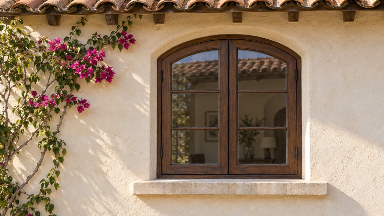 Cream stucco villa wall with a dark arched window, terracotta eaves, and magenta bougainvillea.