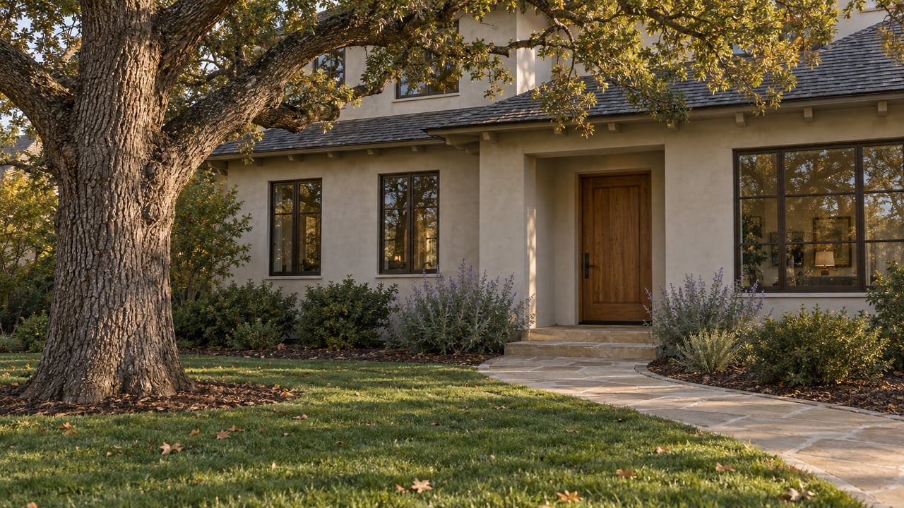 Mature oak beside a sandstone entry walk and a light-stucco home in warm afternoon light.
