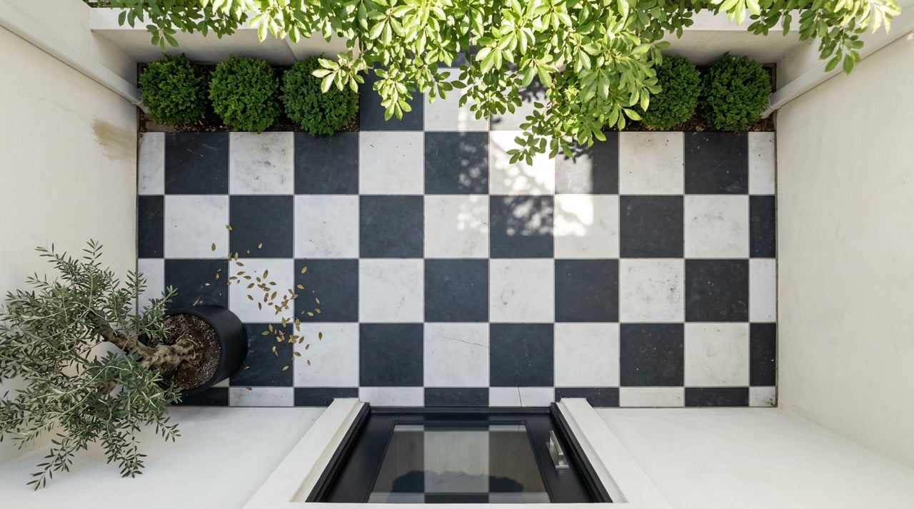 Overhead courtyard with checkerboard tiles, ajar black glass door, arching tree, and potted olive.