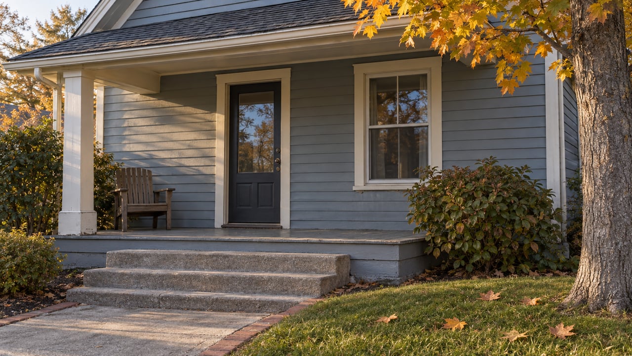 Blue-gray clapboard home with a covered porch, weathered concrete steps and amber maple leaves in autumn afternoon light.