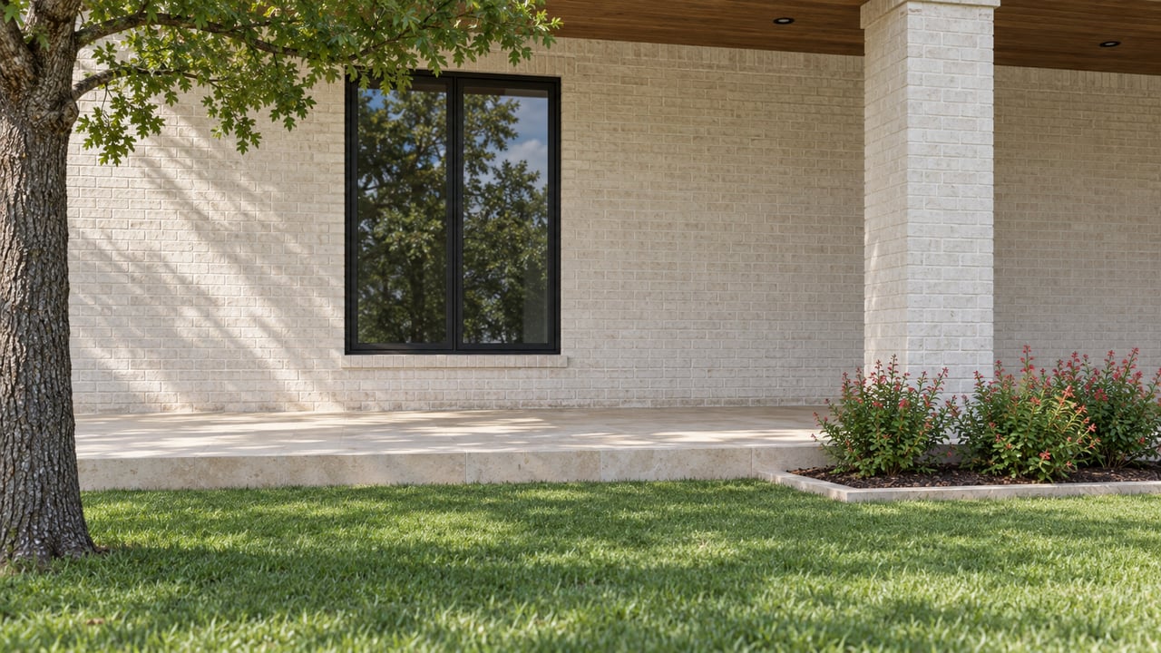 Close view of a painted-brick home's covered porch with black-framed windows, limestone paving, and an oak beside the lawn.