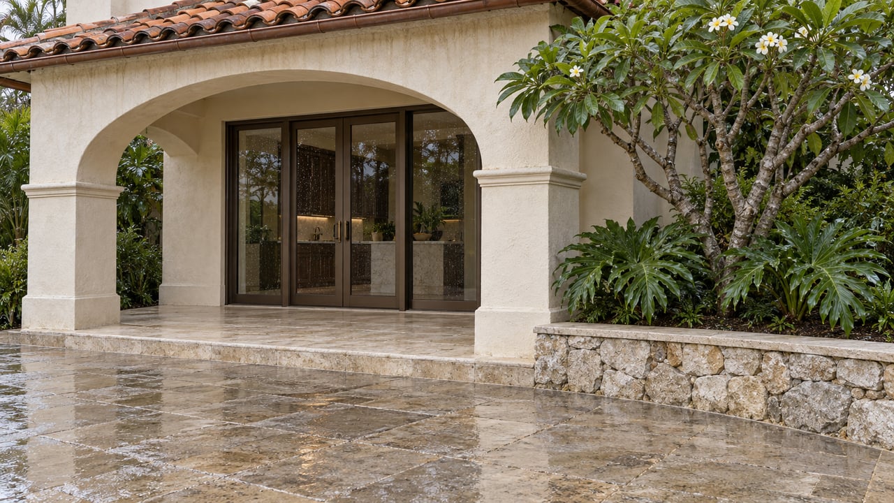 Rain-darkened limestone terrace beside a cream stucco villa, with a terracotta roof, glazed arched entry and a sculptural flowering tree.