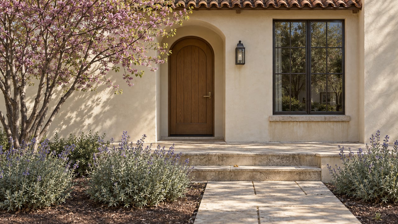 Stucco house with an arched oak door, divided-light window, clay tile roof, and planted garden terrace.
