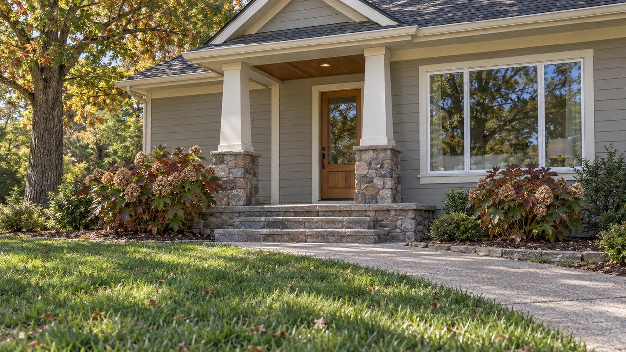 Gray lap-sided home with a gabled stone-based porch, a wood entry door, and a deep lawn beneath an oak showing early autumn color.