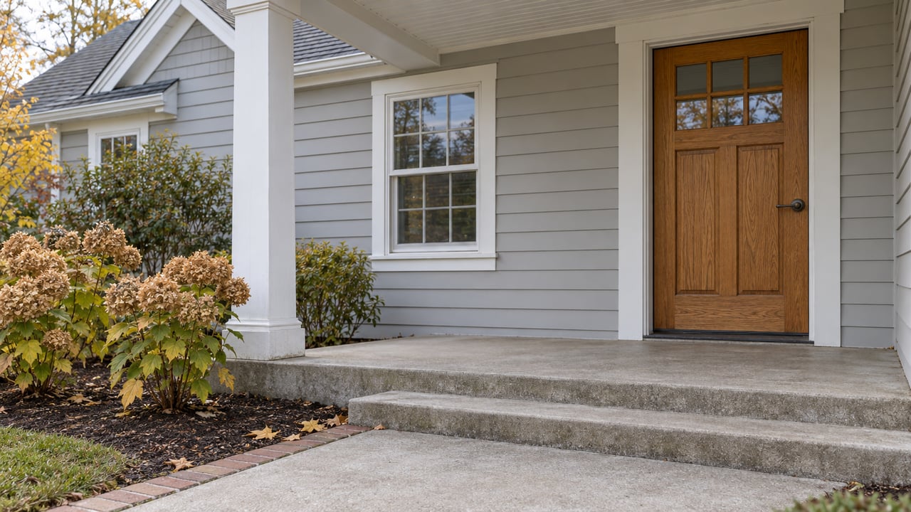 Covered entry of a light-gray clapboard home with a warm oak door, white trim, concrete steps and dried hydrangea blooms.