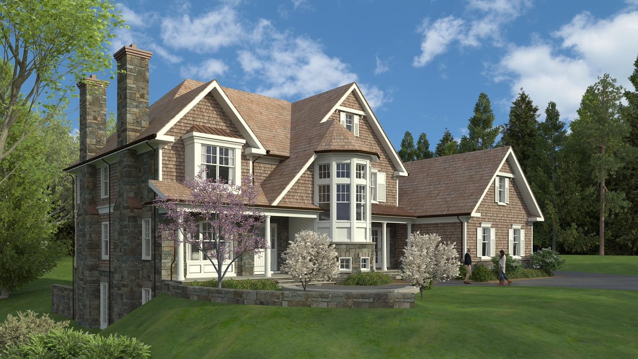 Rendered house with stone chimneys, shingle siding, and a prominent bay window.
