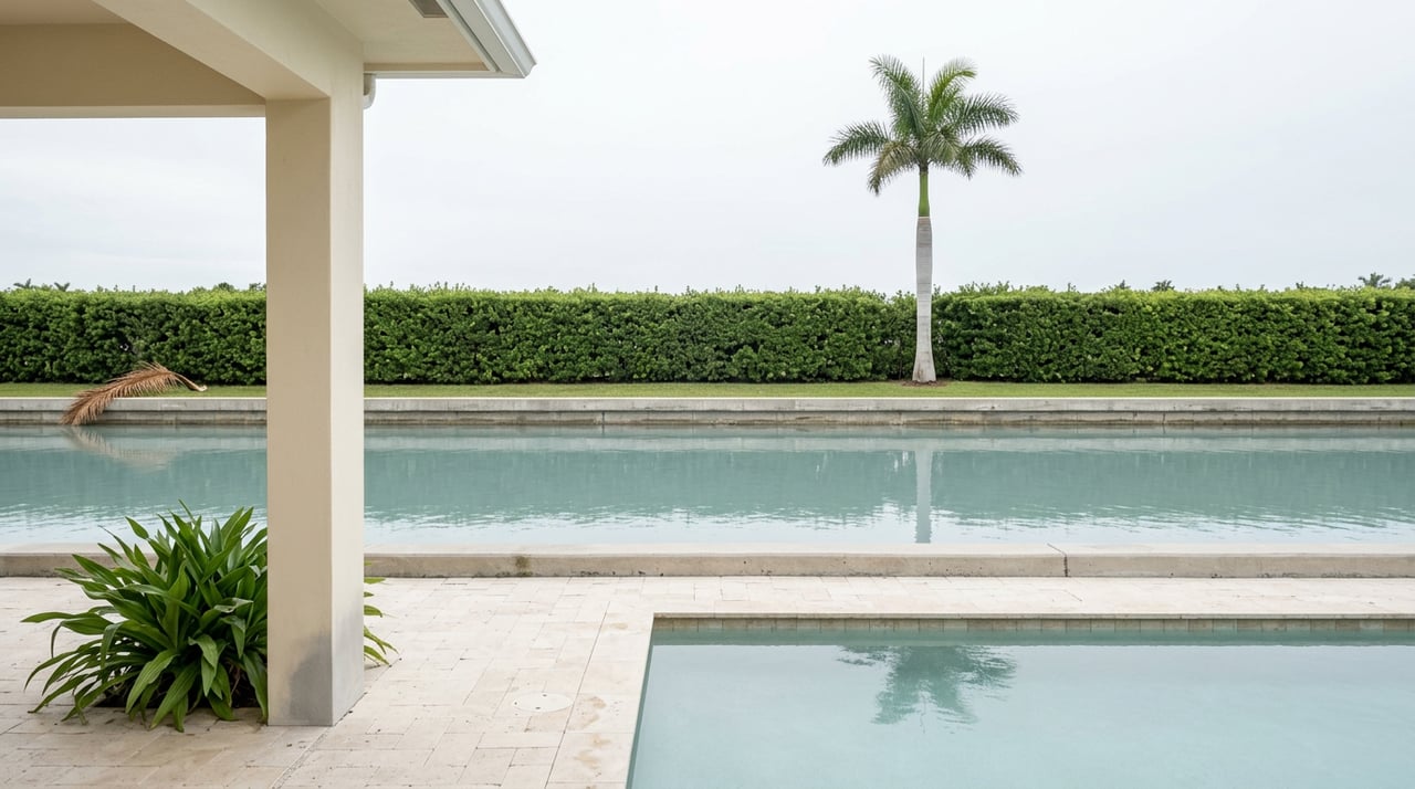 Pool terrace beside a canal, with a concrete seawall, clipped hedge, and tall palm across the water.
