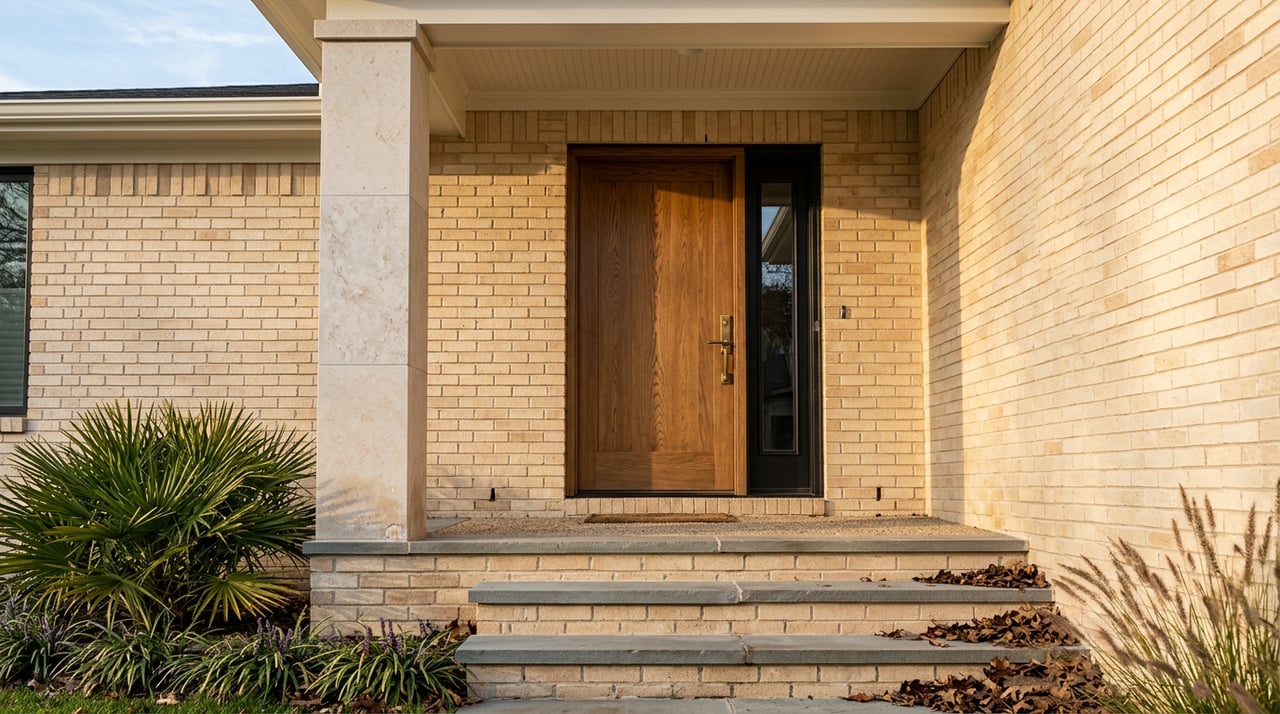 Cream-brick entry with limestone column, oak door, brass handle, and sunlit masonry steps scattered with leaves.