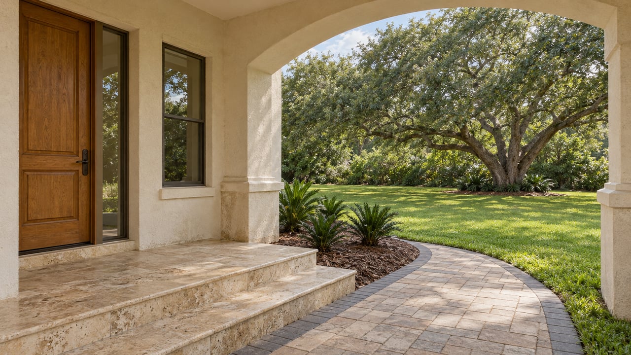 An arched ivory stucco entry with a wooden door and stone steps overlooks a deep lawn and spreading live oak.