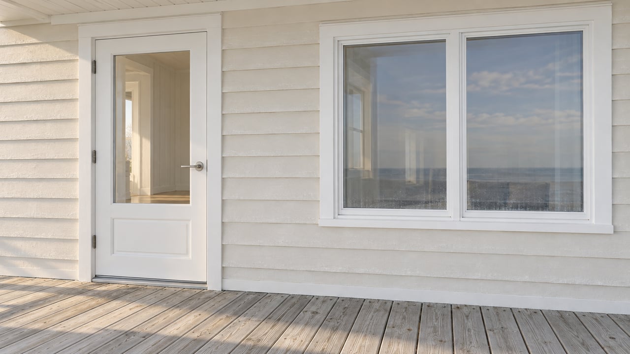 Sun-worn timber porch at a white-sided cottage, with a closed glazed door and broad white-trimmed window.
