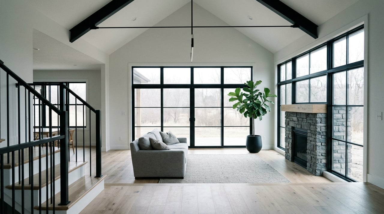 Double-height great room with black trusses, grid windows, stone fireplace, oak floors, and fiddle-leaf fig.