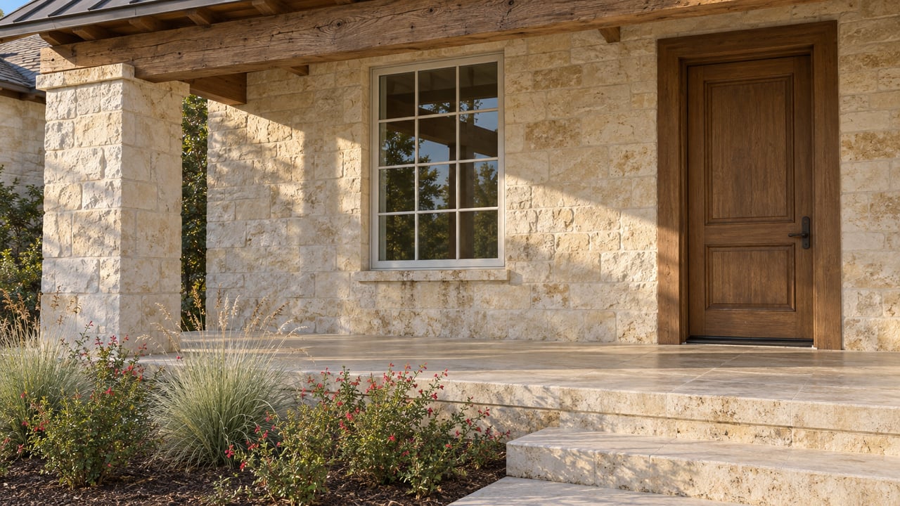 A covered limestone entry with an oak front door, multi-pane window, timber beam and broad stone steps beside flowering sage.