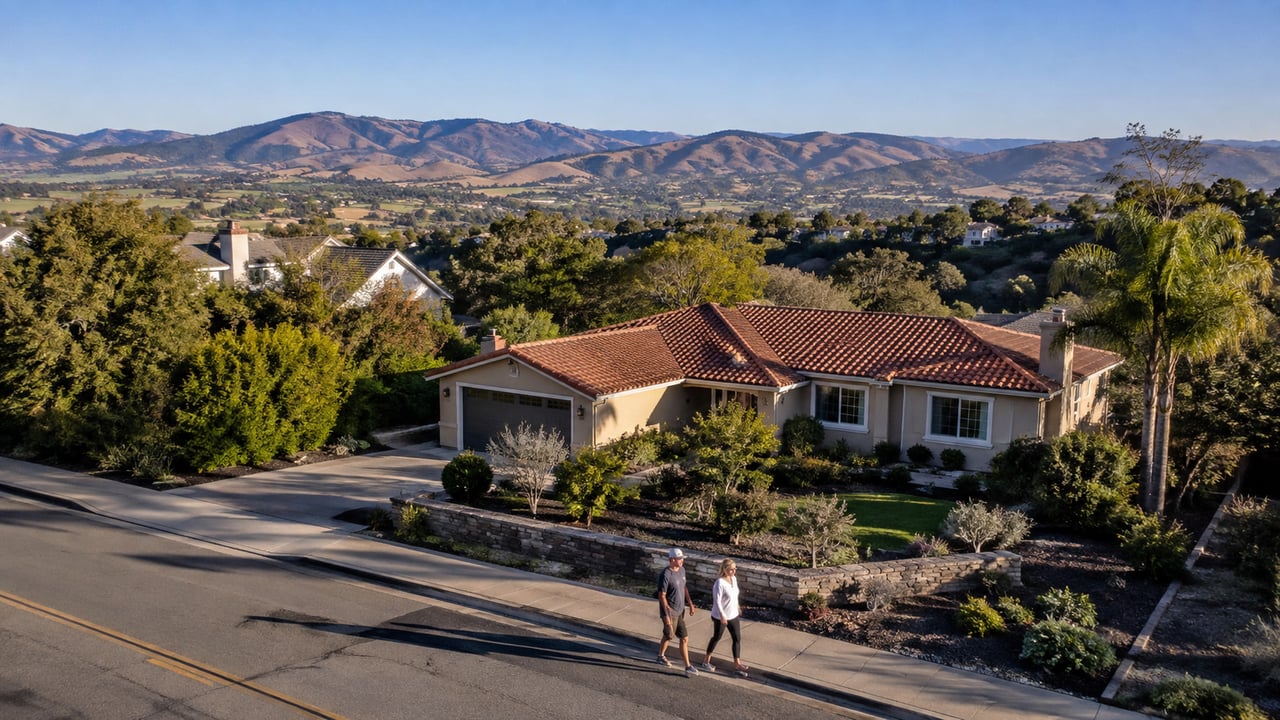 Central Coast residence positioned near rolling hills with visible road access, mature vegetation, and neighboring land.