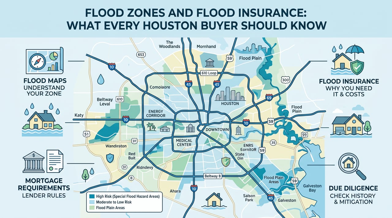 Stylized Houston flood-zone map showing high-risk, moderate, and floodplain areas around highways to Galveston Bay