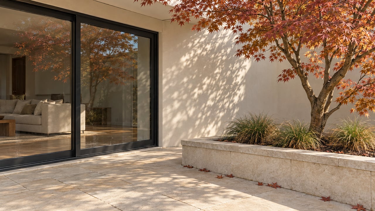 Autumn maple beside a limestone terrace and black-framed glass doors of an ivory plaster home.