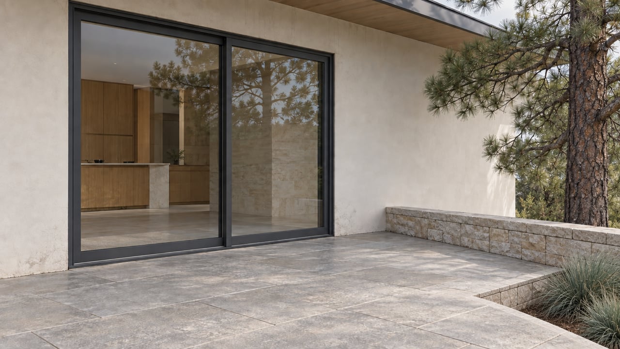 Sandstone terrace borders a recessed planting bed with two blue fescue clumps and a limestone retaining wall.