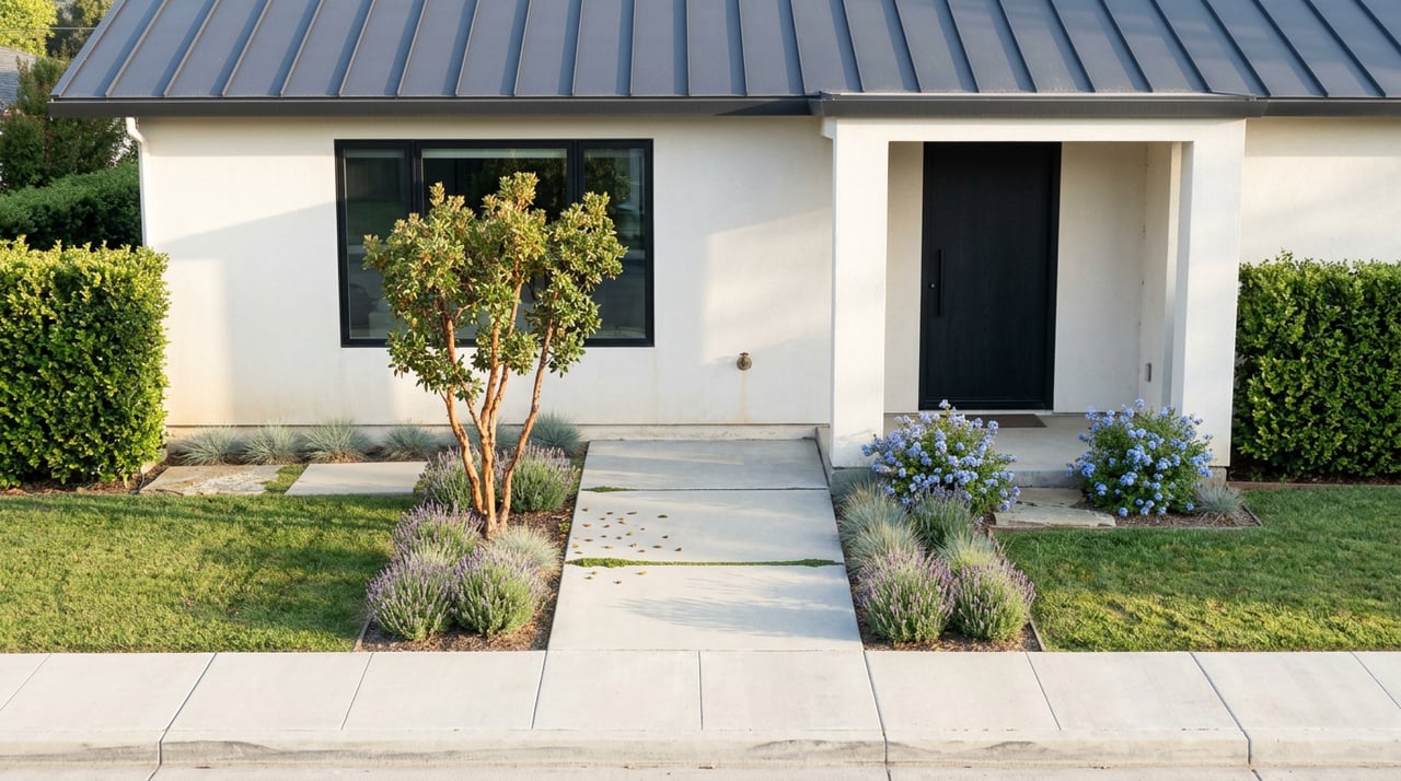 Elevated view of a stucco home’s entry path, edged with lavender and blue-flowering shrubs, beneath a charcoal roof.