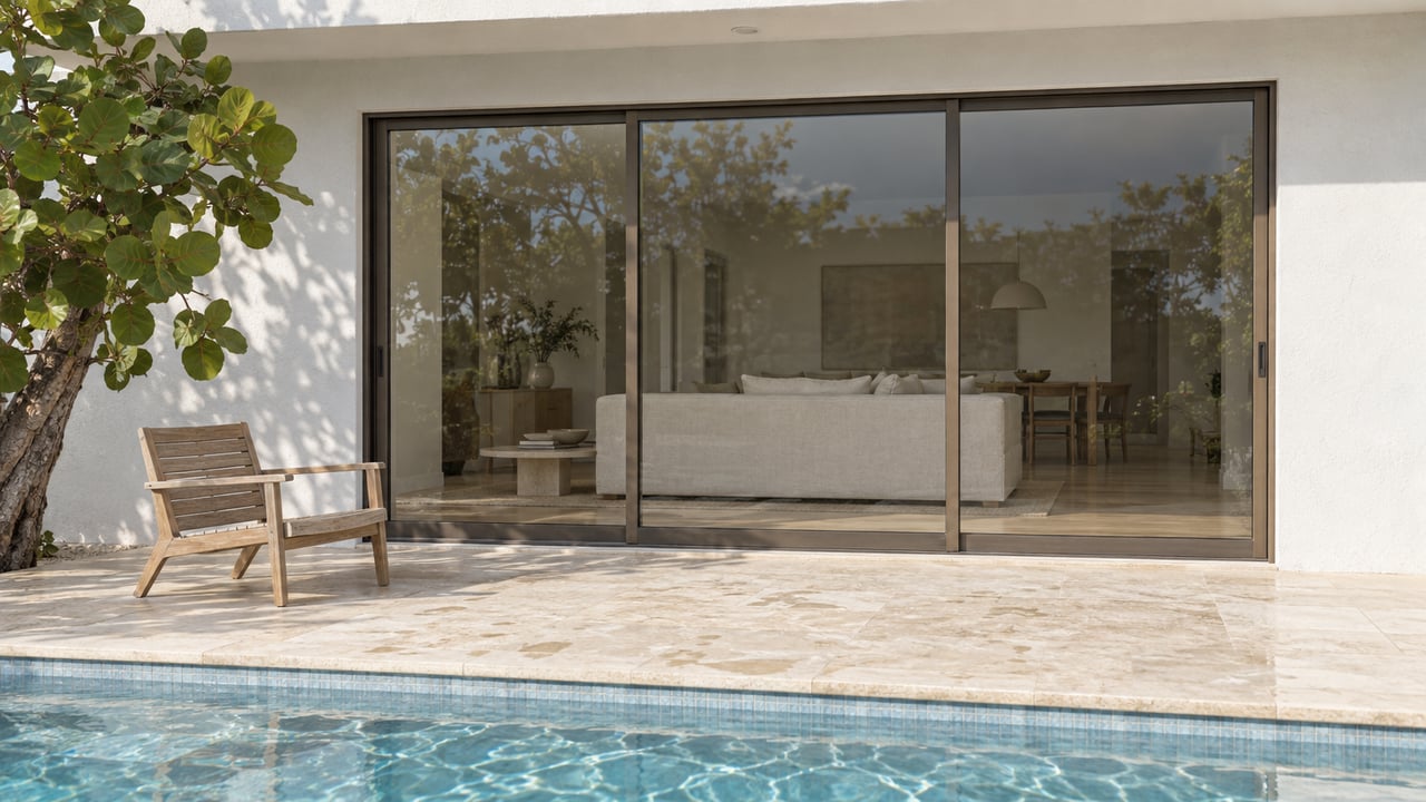 Rear terrace with a three-panel glass slider, limestone paving, pool edge, and a teak chair.