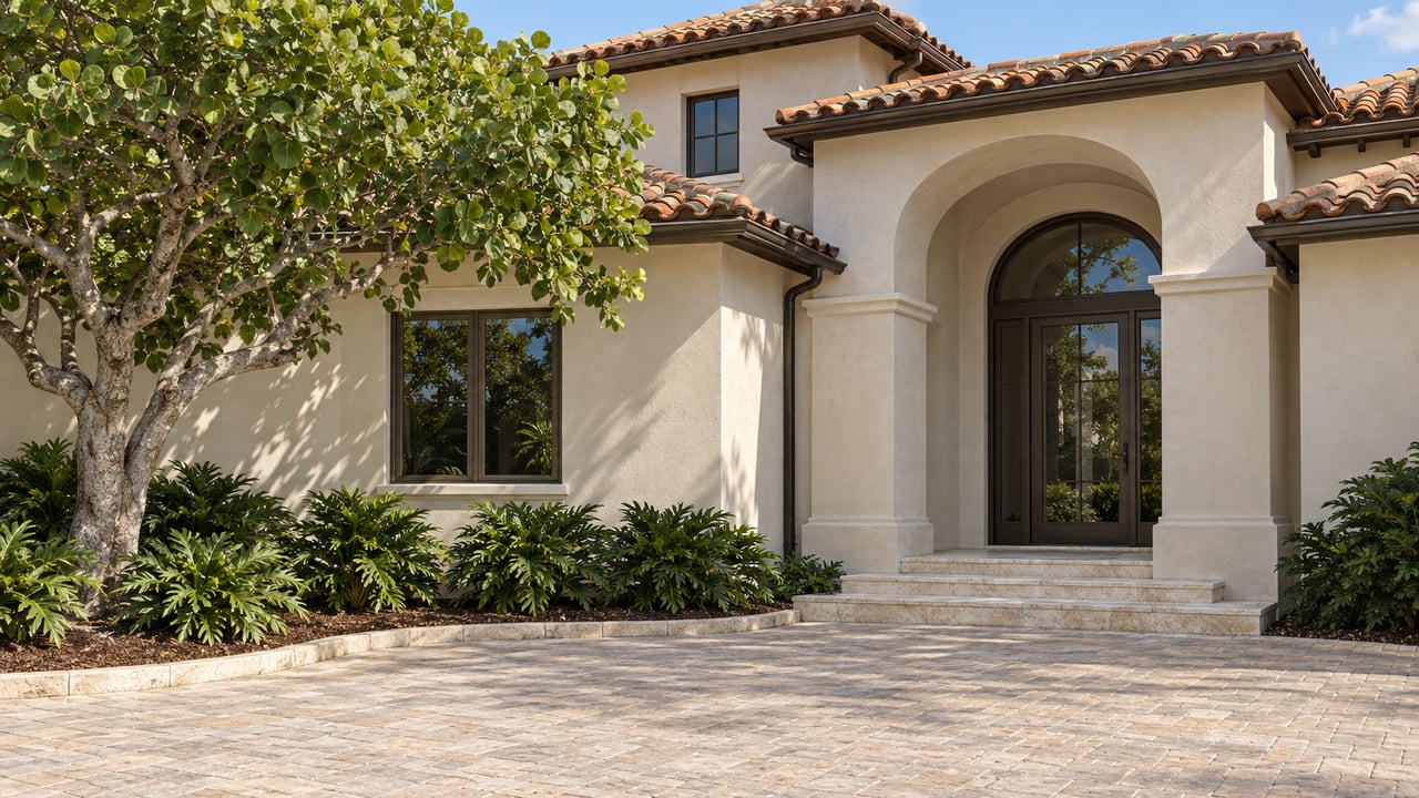 Ivory stucco home with terracotta roof tiles, an arched glazed entry and a sculptural sea grape tree beside a broad paver drive court.