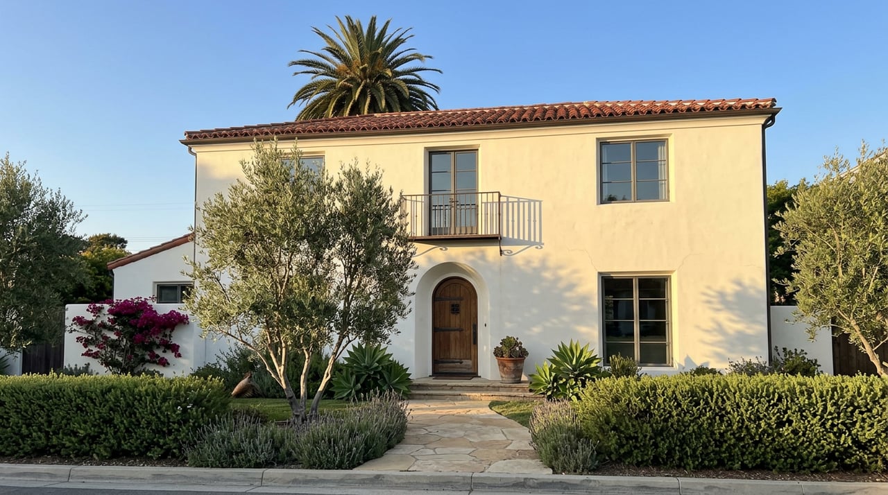 Two-story Spanish-style stucco home with red tile roof, arched entry, olive tree, and magenta bougainvillea.