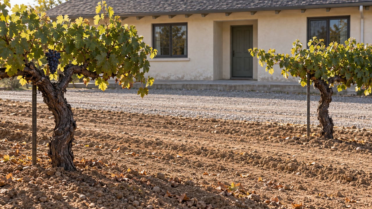 Two mature grapevines stand in cultivated earth before a gravel track and single-story stucco house.