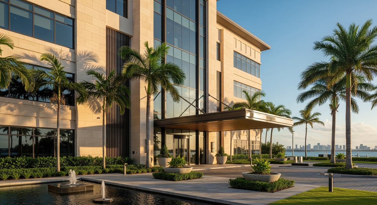 Modern beige office building with a glass entrance canopy, palm trees, and a distant waterfront skyline.