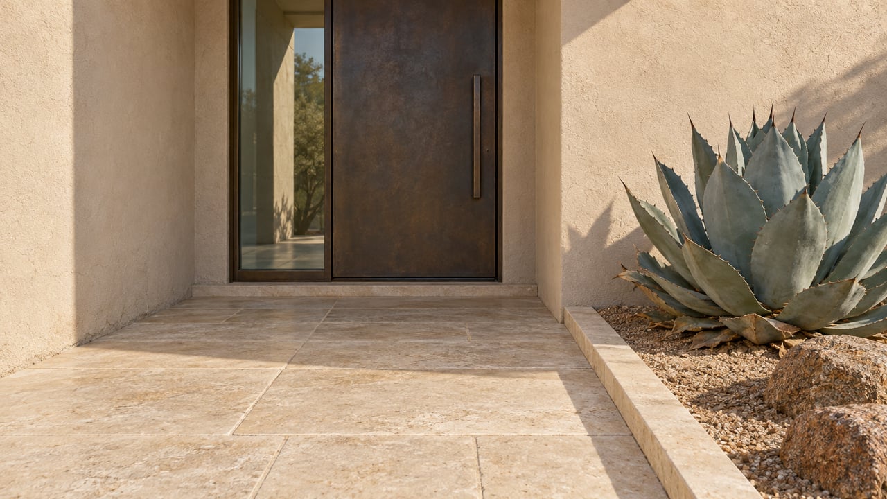 Warm sunlight on a sand-colored stucco entry, weathered bronze door, limestone paving and a blue-gray agave in a granite planting bed.