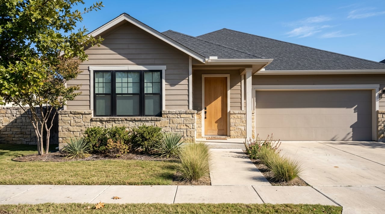 Sunlit suburban home with sandstone veneer, cedar-tone siding, oak front door, and attached garage.