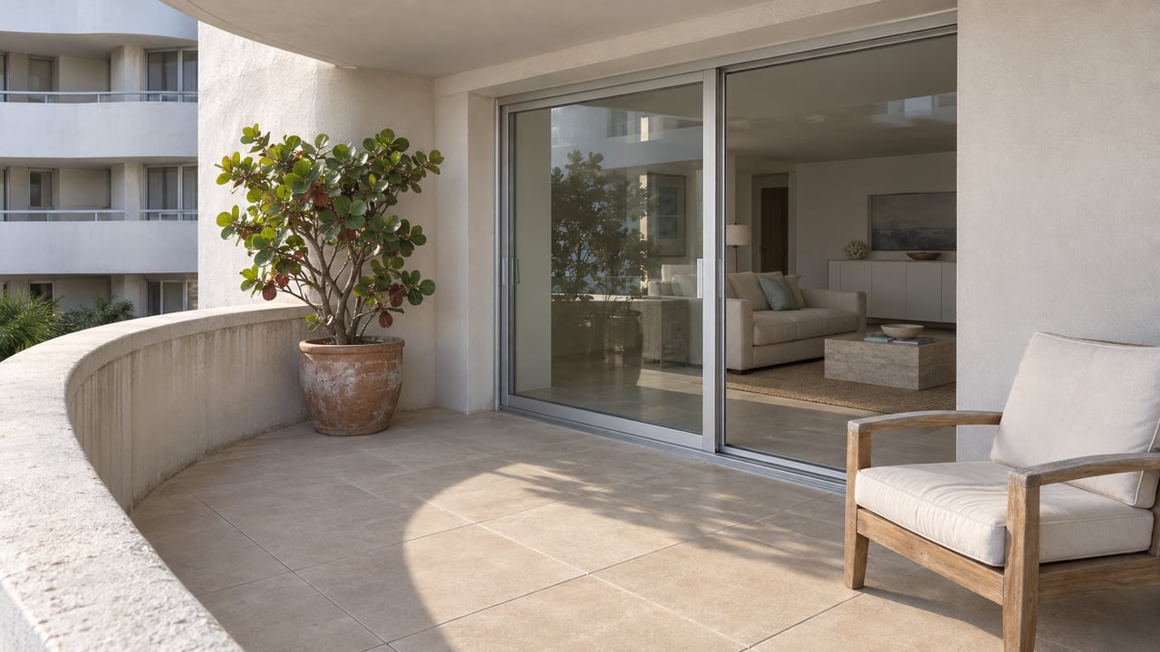 Curved pale-concrete condominium balcony with a teak lounge chair, sea grape in a terracotta pot, and closed glass doors to a bright living room.