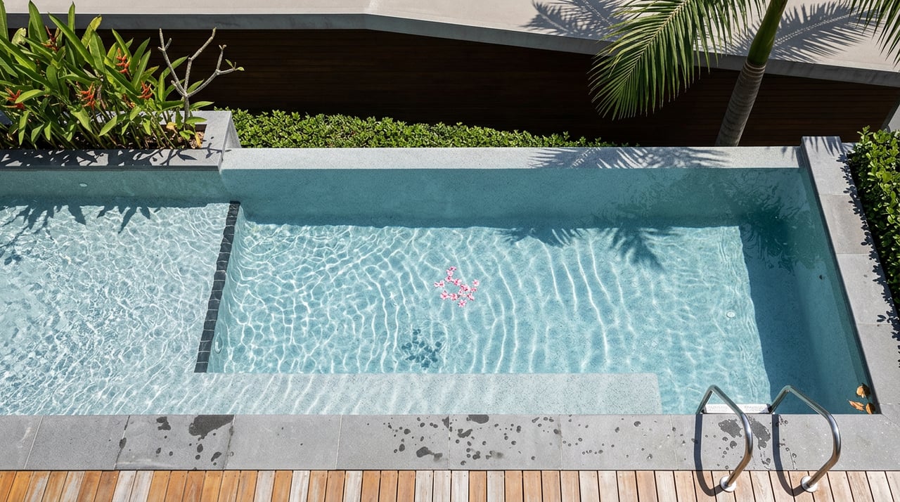 Lap pool with rippling blue-grey water, pink petals, basalt coping, and a stainless ladder beside teak decking.