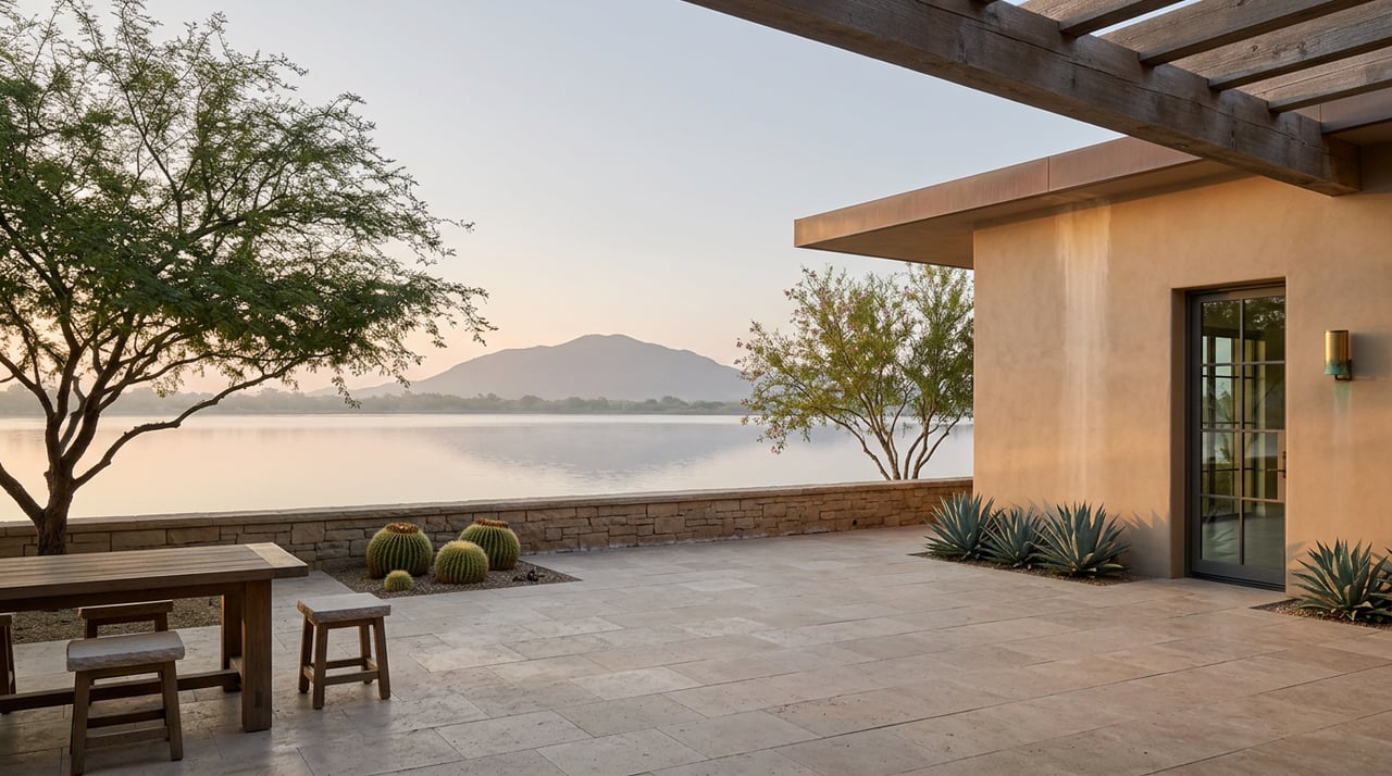 Covered stone patio with a timber dining table overlooking a still lake, desert plants, and hazy mountains.
