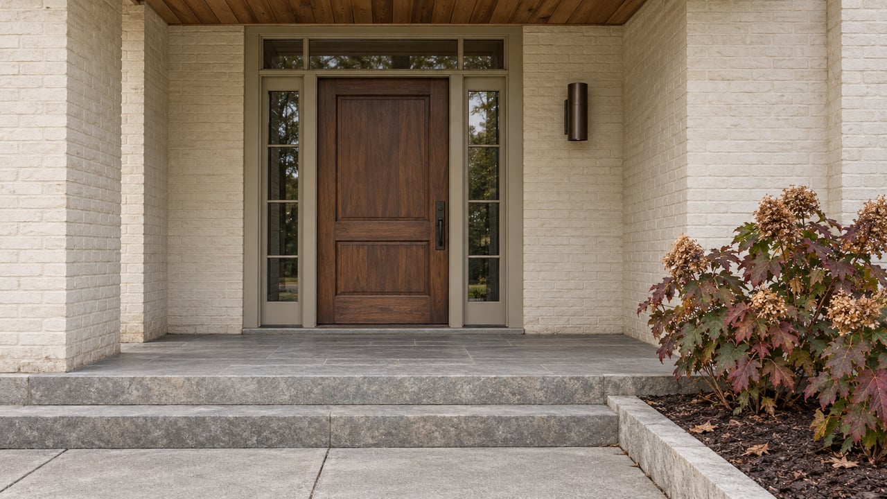 Ivory painted-brick home entrance with a walnut door, glazed sidelights, stone steps and burgundy oakleaf hydrangeas.