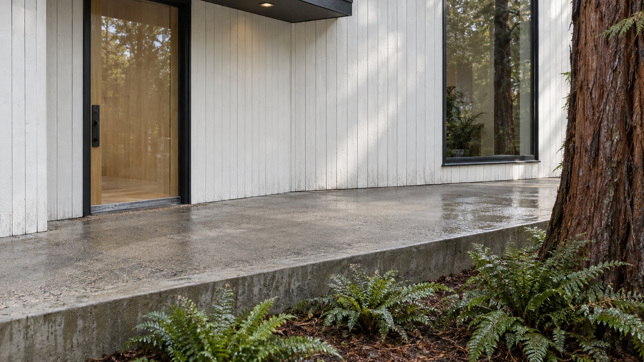 White wood-sided home with a glazed oak entry, black window frame, and rain-darkened concrete landing beside a redwood trunk and sword ferns.