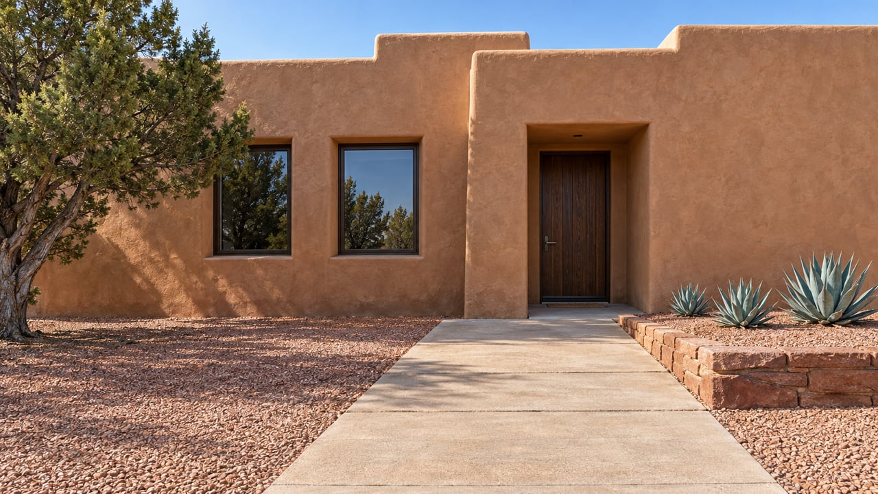 Earth-toned stucco home with stepped parapets, deep-set windows, a recessed wooden entry door and a concrete approach through red gravel and sculptural dryland planting.