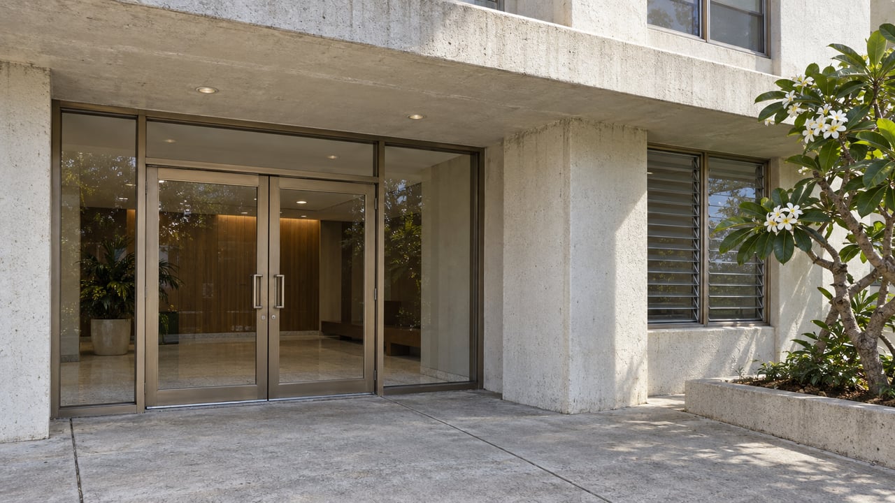 Weathered painted-concrete condominium entrance with bronze-framed glass doors, an adjacent jalousie window, and a flowering plumeria beside the approach.