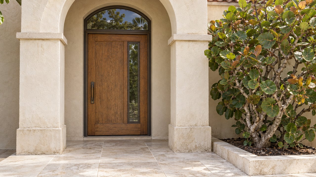 Warm ivory stucco arch framing an oak-and-glass entrance, with a cream limestone landing and sculptural sea-grape foliage.