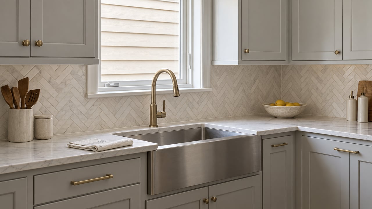 Kitchen sink beneath a closed window, flanked by gray cabinets, with a folded towel and ceramic bowl on the counters.