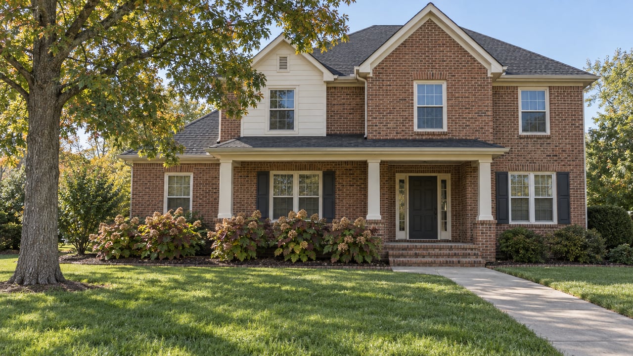 Two-story brick home with gabled roofs, a sheltered front porch, deep lawn and an oak tree in early autumn light.