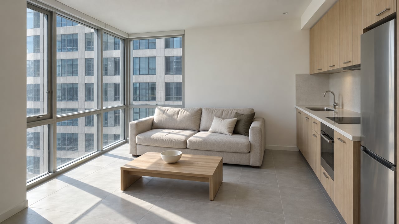 Daylit compact condo studio with closed corner windows, a small oatmeal sofa, pale oak kitchen cabinets and light gray tile flooring.