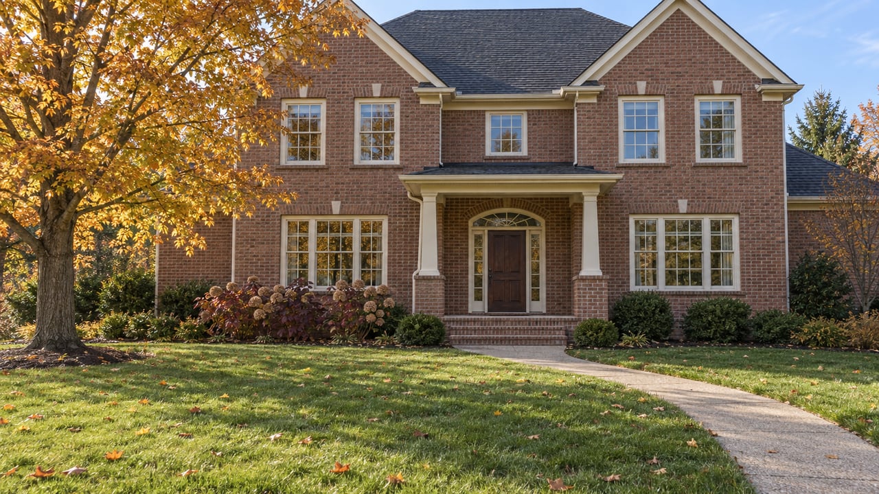 Two-story red-brick home with cream window frames and a covered entrance beyond a broad autumn lawn and an amber sugar maple.