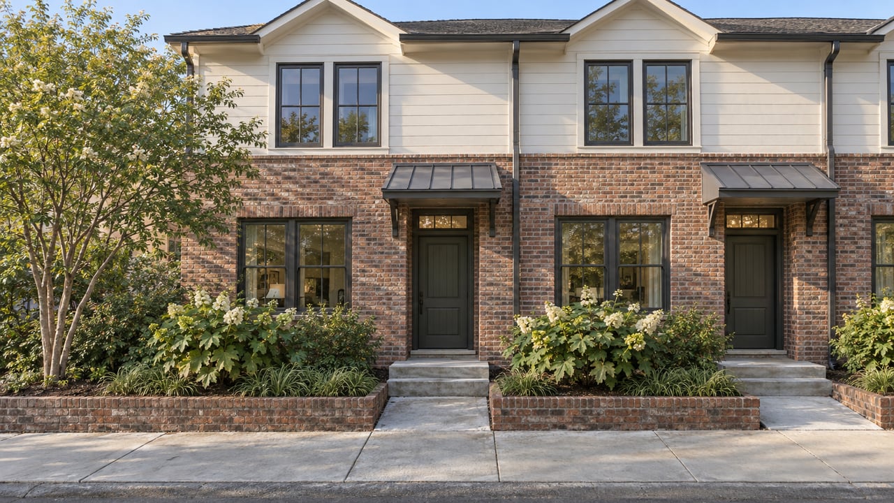 Two attached townhomes with brick lower stories, pale siding, separate front doors, and brick-edged planting beds.