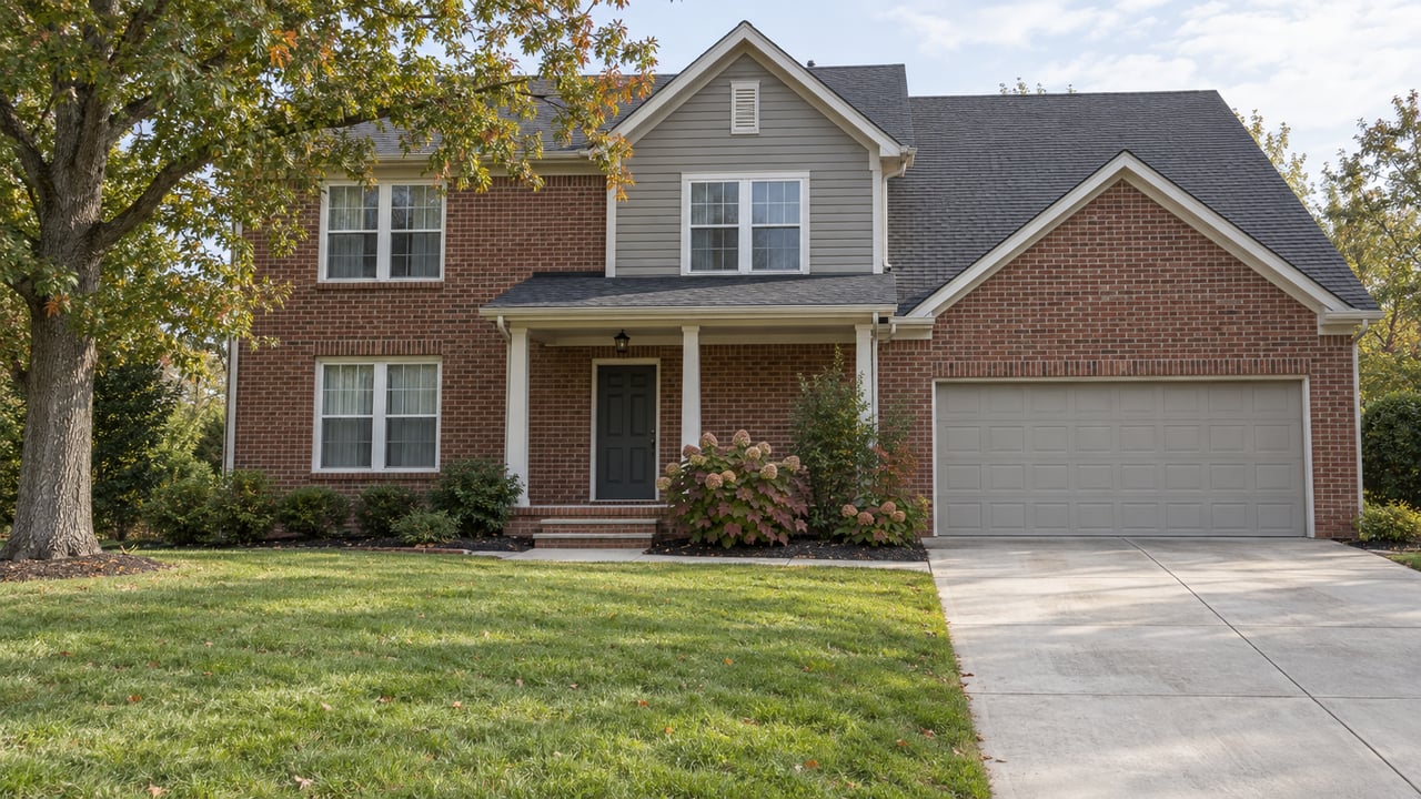 Two-story brick home with gray siding, a covered porch, and an attached two-car garage.