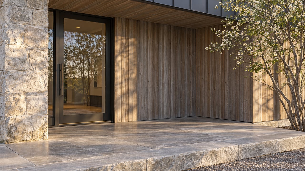 Sheltered home entry with a black-framed glass door, cedar cladding, limestone pier, and broad stone terrace.