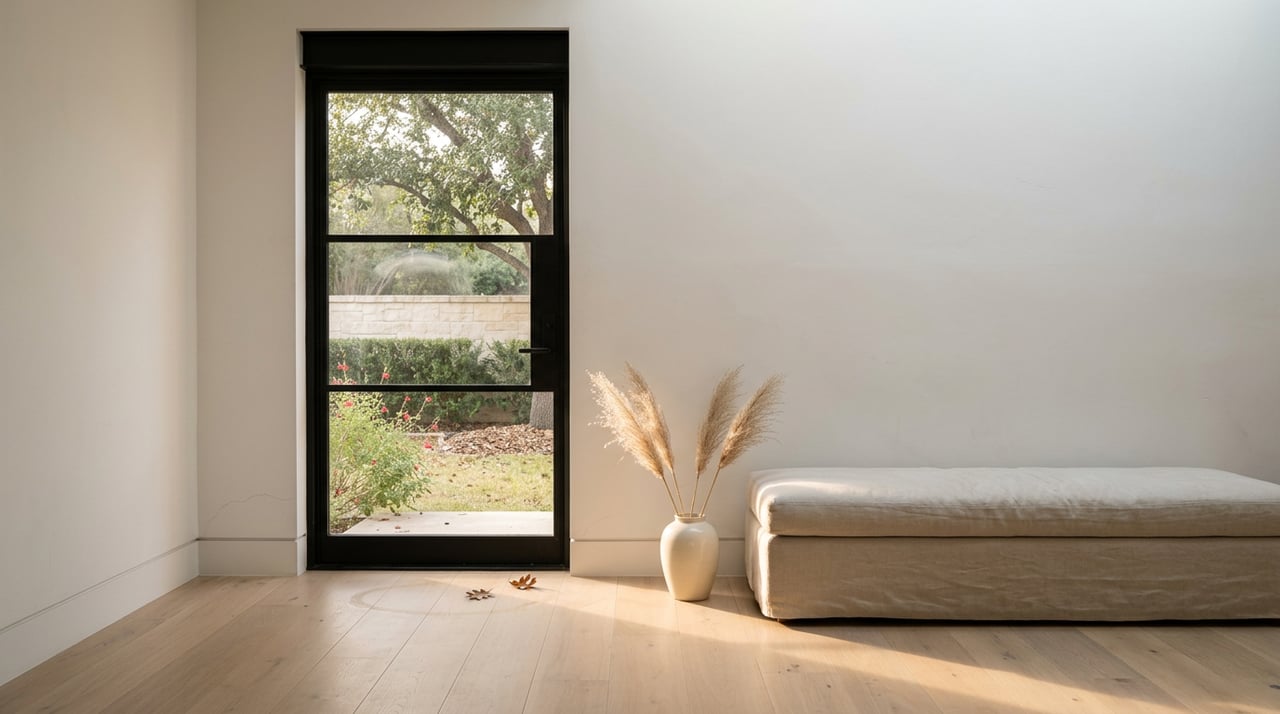 Linen bench and dried grass beside a black-framed glass door opening onto a live oak garden.