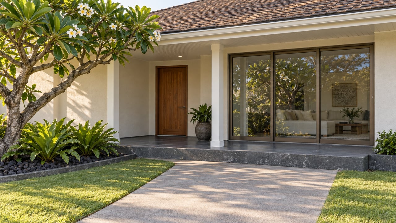 Sunlit shingle-roof home with an ivory stucco entry, teak door, basalt porch and sculptural flowering tree beside a broad approach.