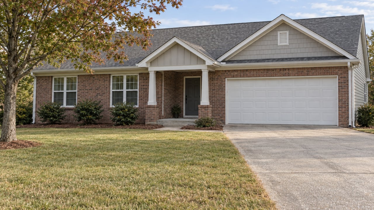 Modest brick-and-gray-sided home with a covered entry, attached garage and broad front lawn in soft daylight.
